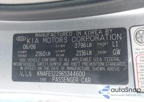 2006 Kia Spectra Ex/Lx/Sx z USA, uszkodzony, nr VIN KNAFE122965344600